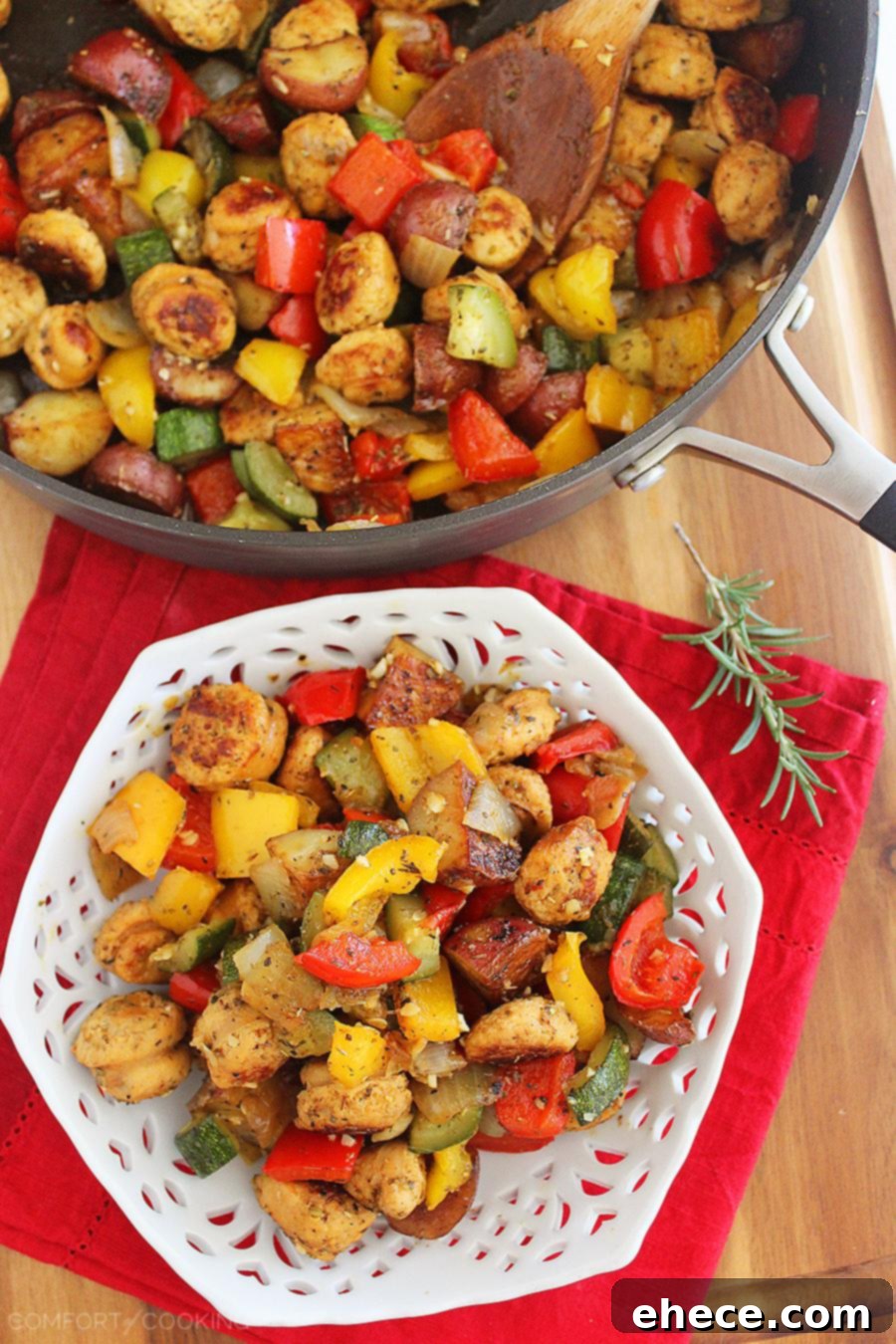 A beautifully cooked Summer Vegetable, Chicken Sausage, and Potato Skillet ready to be served, bursting with fresh colors and savory aromas.