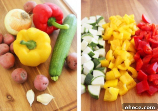 Close-up of the Summer Vegetable, Chicken Sausage, and Potato Skillet, highlighting the vibrant mix of bell peppers, zucchini, and golden-brown sausage.