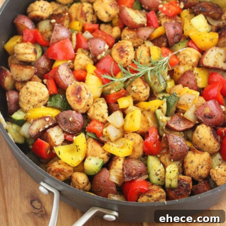 Summer Vegetable, Chicken Sausage, and Potato Skillet - Pin this recipe!