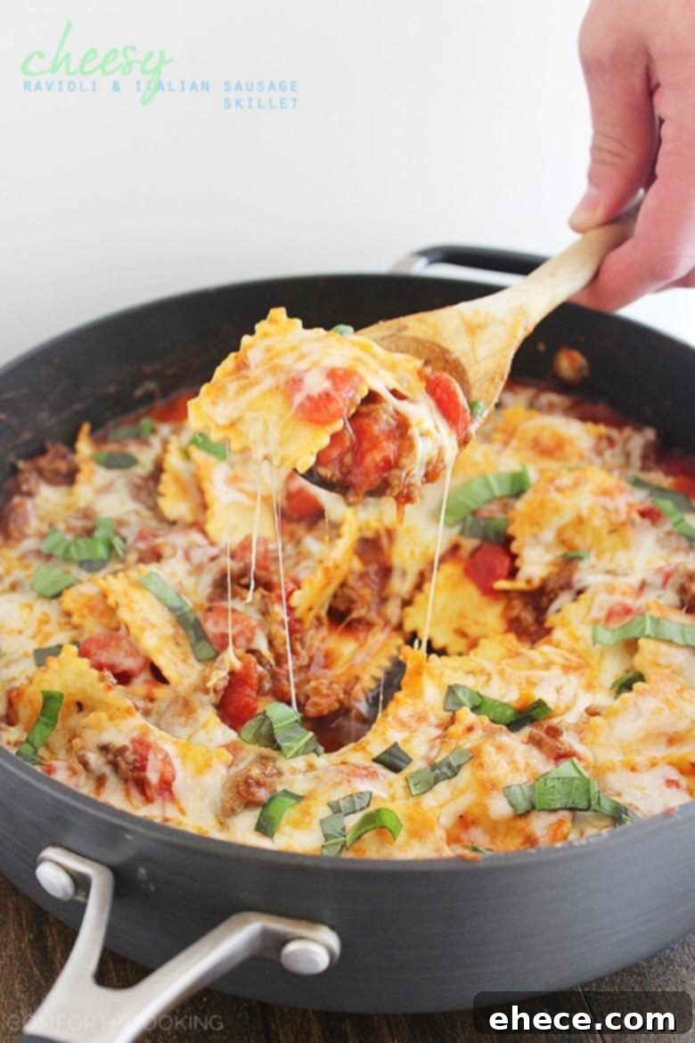 Delicious Cheesy Ravioli and Italian Sausage Skillet, a perfect one-pan meal.