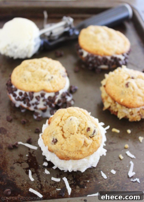 A beautifully assembled homemade chocolate chip cookie ice cream sandwich, rolled in colorful sprinkles.