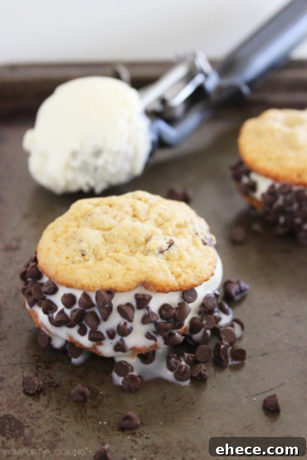 Close-up view of a hand holding a freshly made cookie ice cream sandwich, showing the soft cookie and melting ice cream.