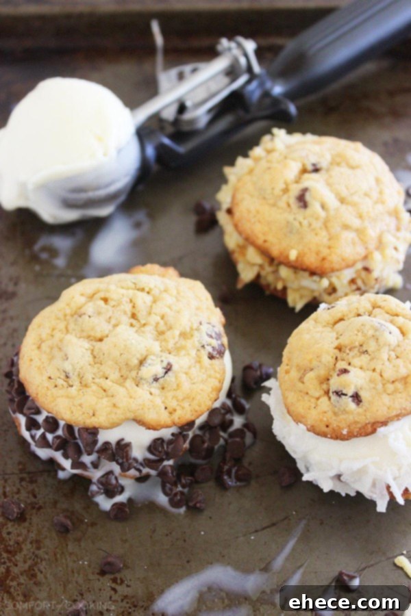 An inviting display of multiple homemade cookie ice cream sandwiches on a platter.