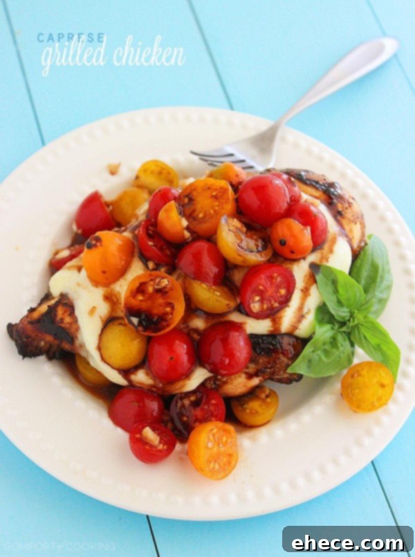Balsamic Glazed Caprese Chicken 2 Caprese Grilled Chicken - A delightful and fresh summer meal featuring grilled chicken topped with melted mozzarella, fresh tomatoes, and basil.