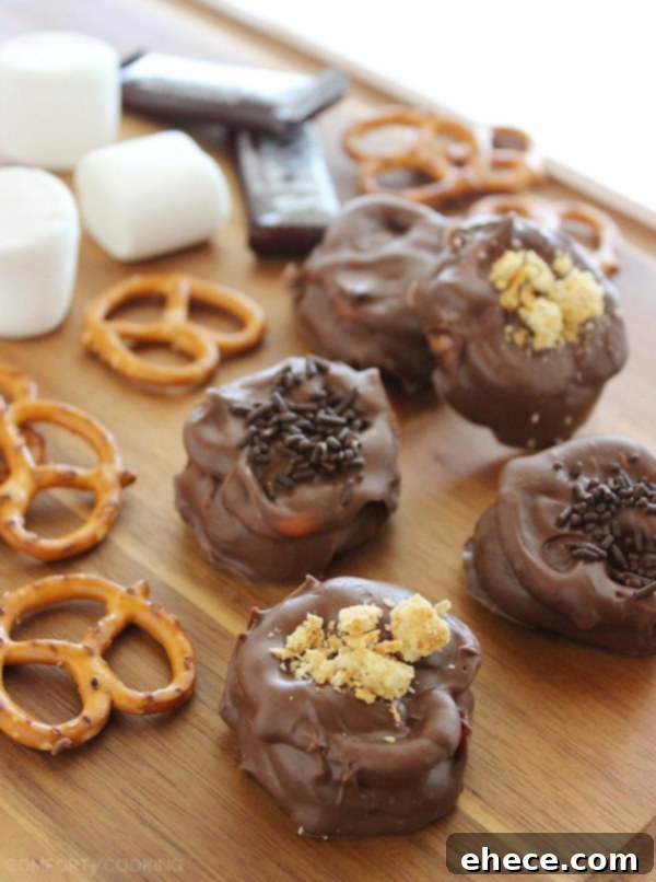 Sweet & Salty S'mores Pretzel Delights 2 Quick & Easy Chocolate Covered S'mores Pretzels – Sweet, salty and SO easy, these quick chocolate-covered s'mores pretzels really hit the spot for snacks! | thecomfortofcooking.com