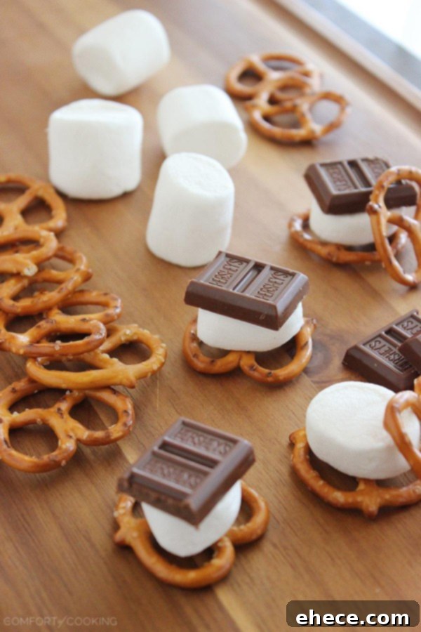 Sweet & Salty S'mores Pretzel Delights 3 Quick & Easy Chocolate Covered S'mores Pretzels – Sweet, salty and SO easy, these quick chocolate-covered s'mores pretzels really hit the spot for snacks! | thecomfortofcooking.com