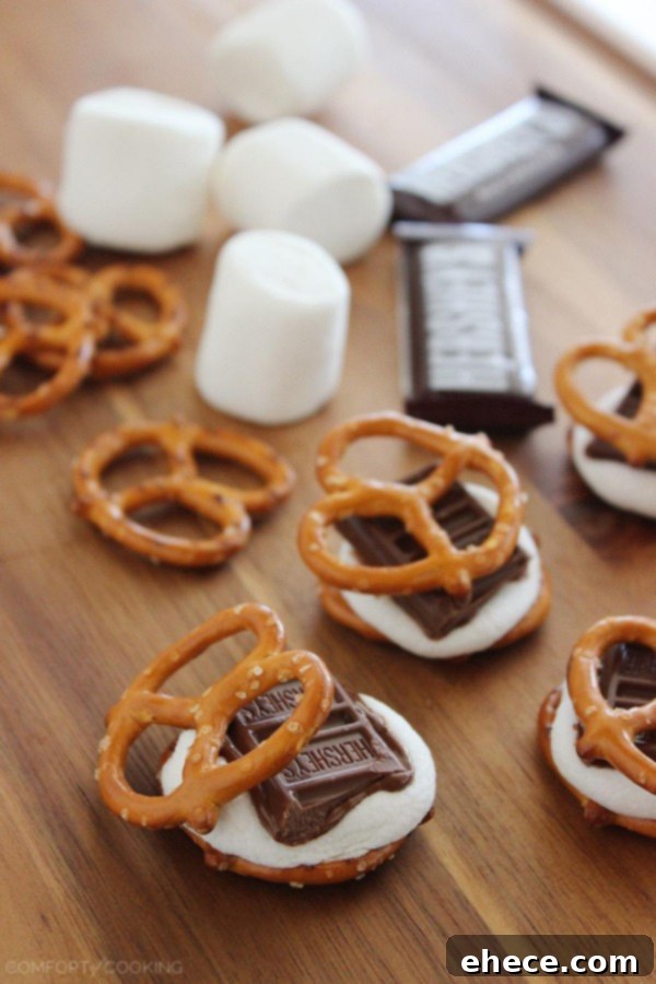 Sweet & Salty S'mores Pretzel Delights 4 Quick & Easy Chocolate Covered S'mores Pretzels – Sweet, salty and SO easy, these quick chocolate-covered s'mores pretzels really hit the spot for snacks! | thecomfortofcooking.com
