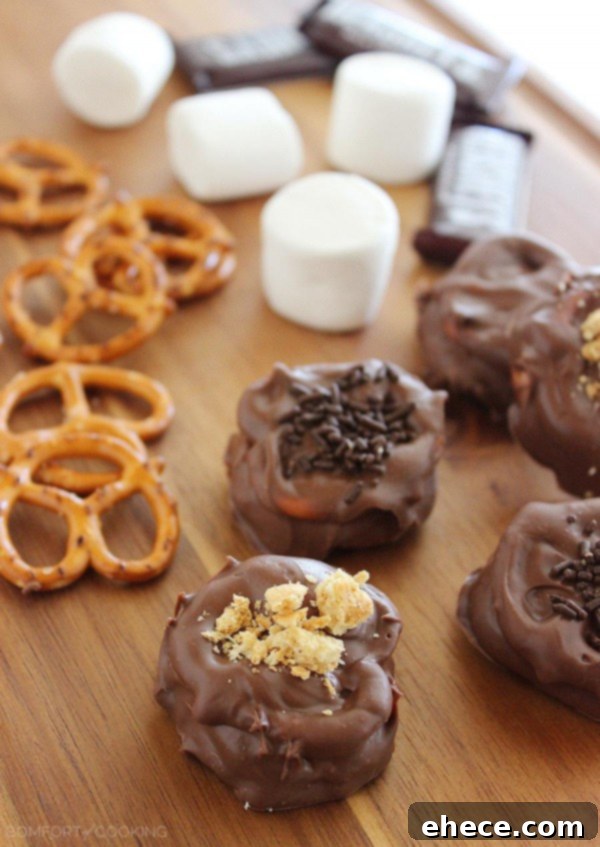 Sweet & Salty S'mores Pretzel Delights 5 Quick & Easy Chocolate Covered S'mores Pretzels – Sweet, salty and SO easy, these quick chocolate-covered s'mores pretzels really hit the spot for snacks! | thecomfortofcooking.com