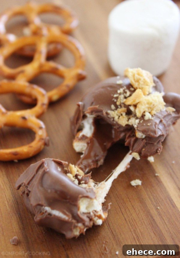 Sweet & Salty S'mores Pretzel Delights 6 Quick & Easy Chocolate Covered S'mores Pretzels – Sweet, salty and SO easy, these quick chocolate-covered s'mores pretzels really hit the spot for snacks! | thecomfortofcooking.com