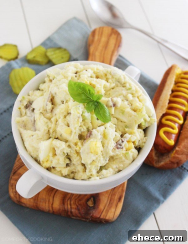 Simple Southern Potato Salad – Creamy, cool potato salad goes perfectly with all your BBQ favorites! This easy recipe is my best-ever batch and uses fresh ingredients. | thecomfortofcooking.com
