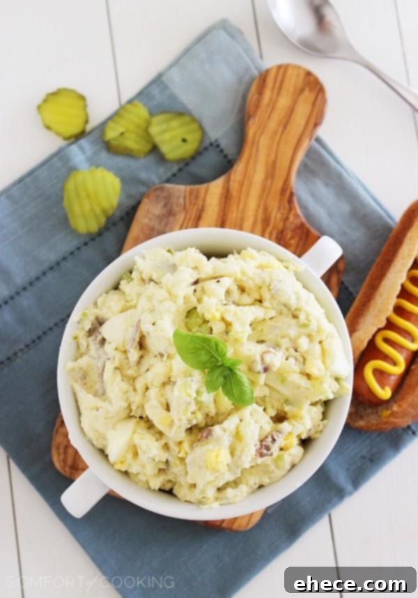 Simple Southern Potato Salad – Creamy, cool potato salad goes perfectly with all your BBQ favorites! This easy recipe is my best-ever batch and uses fresh ingredients. | thecomfortofcooking.com