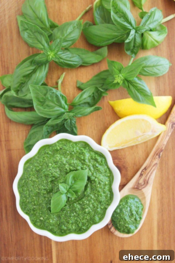 Vibrant Spinach Basil Pesto 3 Spinach Basil Pesto – This easy, nut-free pesto pairs perfectly with grilled meats and veggies, sandwiches, and pastas! | thecomfortofcooking.com