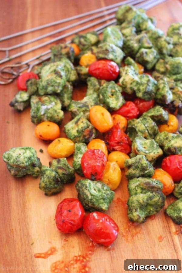 Zesty Pesto Chicken & Sun-Kissed Tomato Skewers 5 Cooked Grilled Pesto Chicken and Tomato Skewers