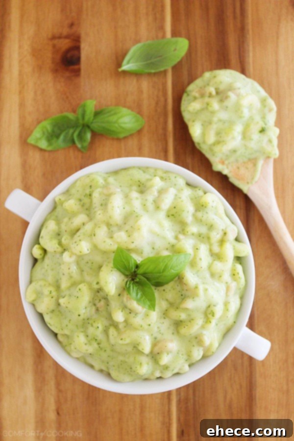 Vibrant Stovetop Pesto Mac 3 Close-up of Stovetop Spinach Basil Pesto Mac and Cheese in a bowl