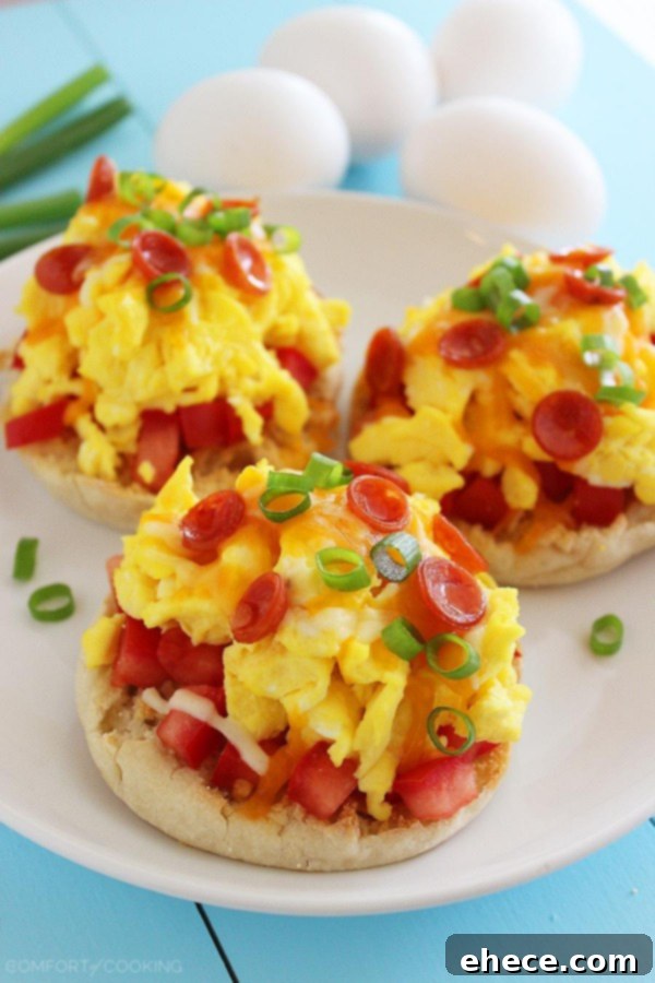 Morning Muffin Pizza Bites 5 English Muffin Breakfast Pizzas – Crisp, buttery English muffins topped with tomatoes, eggs and gooey cheese make the perfect weekend breakfast! | thecomfortofcooking.com