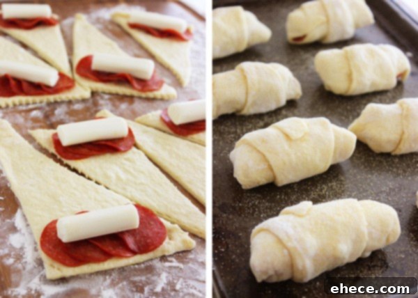 Pepperoni Pizza Crescent Bites 3 Close-up of baked Pepperoni Pizza Crescent Rollups, golden brown and cheesy, ready to be served as an appetizer or meal. So simple to make!