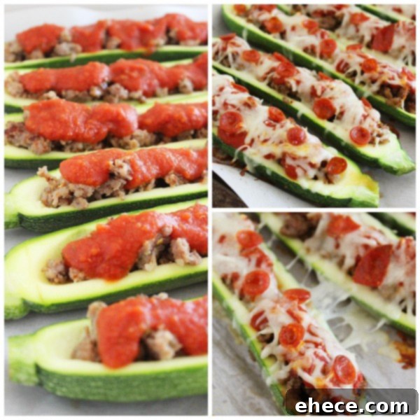 Zucchini Pizza Boats 3 Close-up of golden brown Pizza Zucchini Boats ready to eat