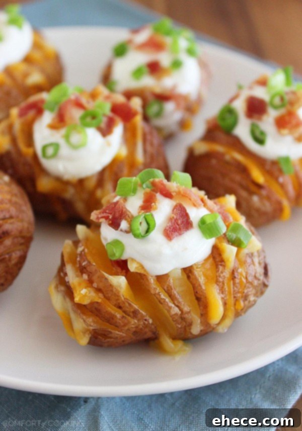 Crispy Loaded Hasselback Potato Bites – Dig in to these cheesy, crispy loaded Hasselback potato bites made mini! They make perfect game day food, or a fun weeknight side. | thecomfortofcooking.com