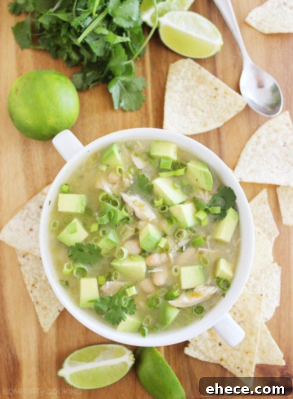Easy Salsa Verde White Chicken Chili – Just 6 ingredients and so easy! Cook it on your stovetop or in your slow cooker, then pile on your favorite toppings! | thecomfortofcooking.com