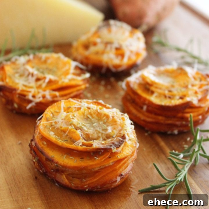 Delicious Crispy Parmesan-Rosemary Sweet Potato Stacks