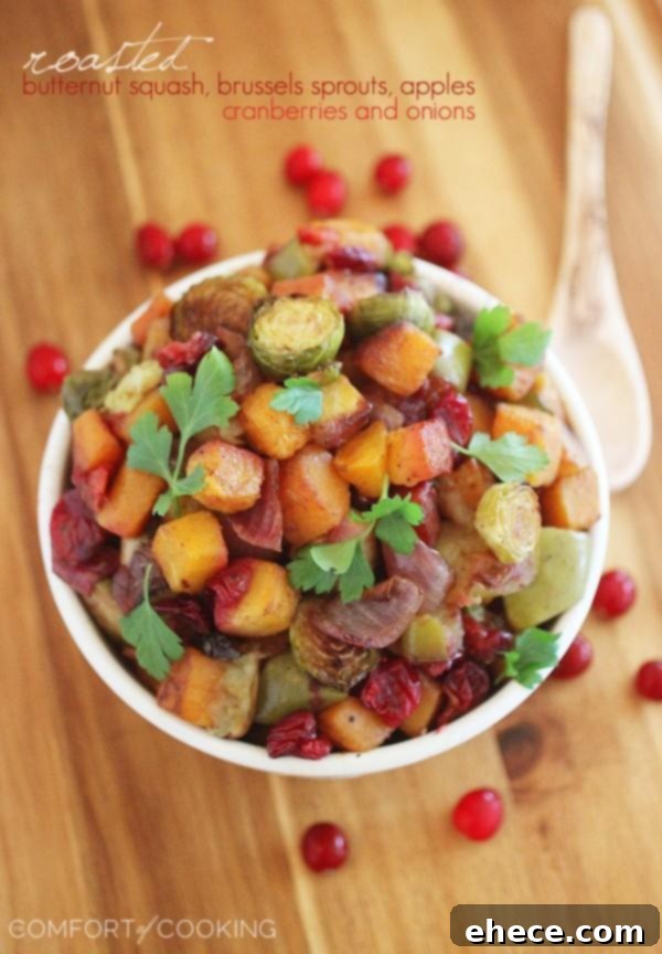 Roasted Butternut Squash and Brussels Sprouts with Cranberries, Apples and Onions – A colorful, healthy medley perfect for holidays.