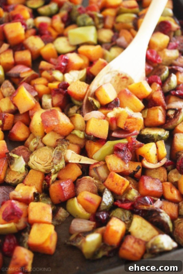 Large pan of roasted butternut squash, Brussels sprouts, cranberries, apples, and onions ready to serve.
