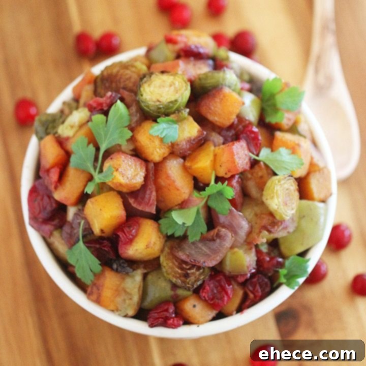 Roasted Butternut Squash and Brussels Sprouts with Cranberries, Apples and Onions