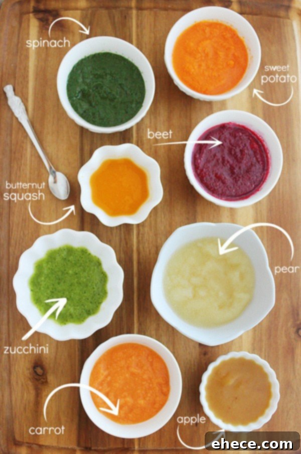 A vibrant display of 8 homemade baby purees in small bowls, showcasing different colors of fruits and vegetables, ready for tasting.