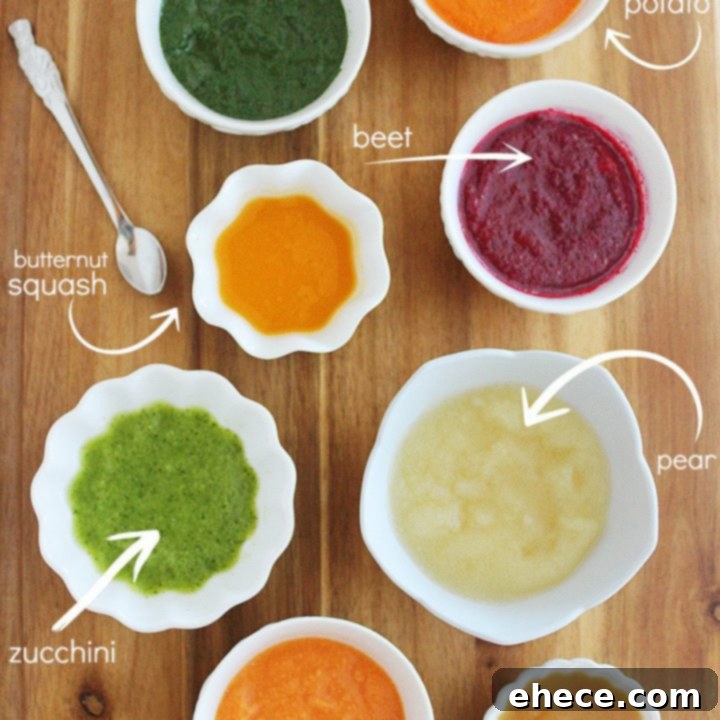 8 Easy Homemade Baby Purees: First Foods. A visual collage of different fruit and vegetable purees for babies.