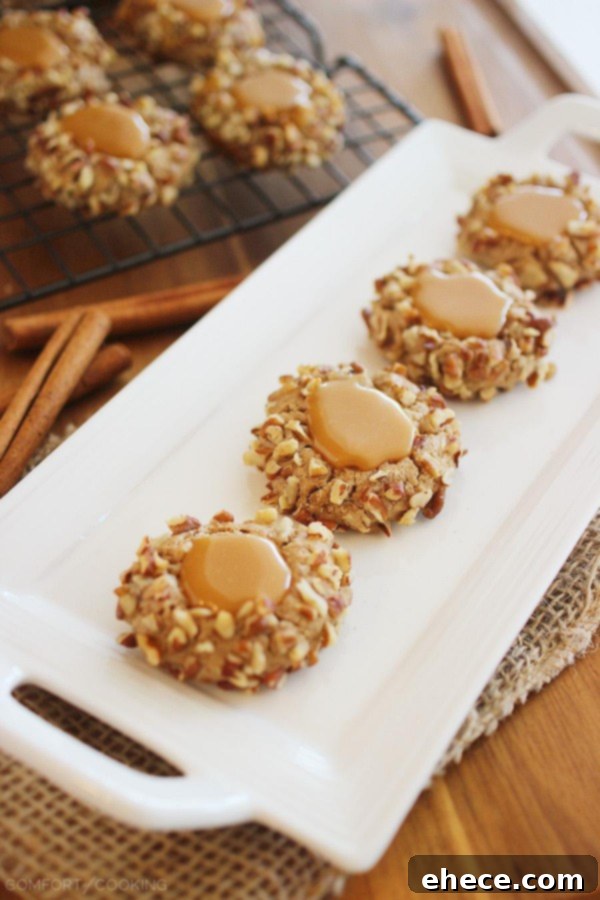Caramel Spice Thumbprint Cookies – Bake a batch of caramel-filled thumbprint cookies to give to someone special! They're adorable, delicious and easier to make than you may think. Chopped pecans make the perfect pretty coating!| thecomfortofcooking.com