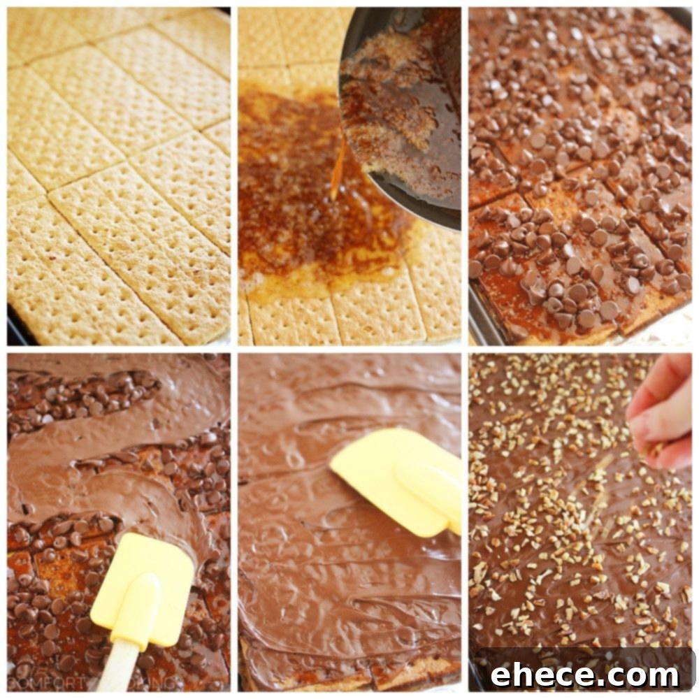 Close-up of golden brown Graham Cracker Toffee with melted chocolate and nuts, ready for slicing. An easy homemade candy recipe.