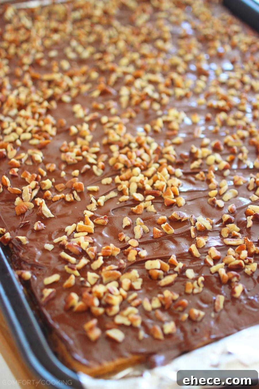 A tray of freshly baked Graham Cracker Toffee cooling, topped with chocolate and pecans. Perfect for easy dessert or gift-giving.