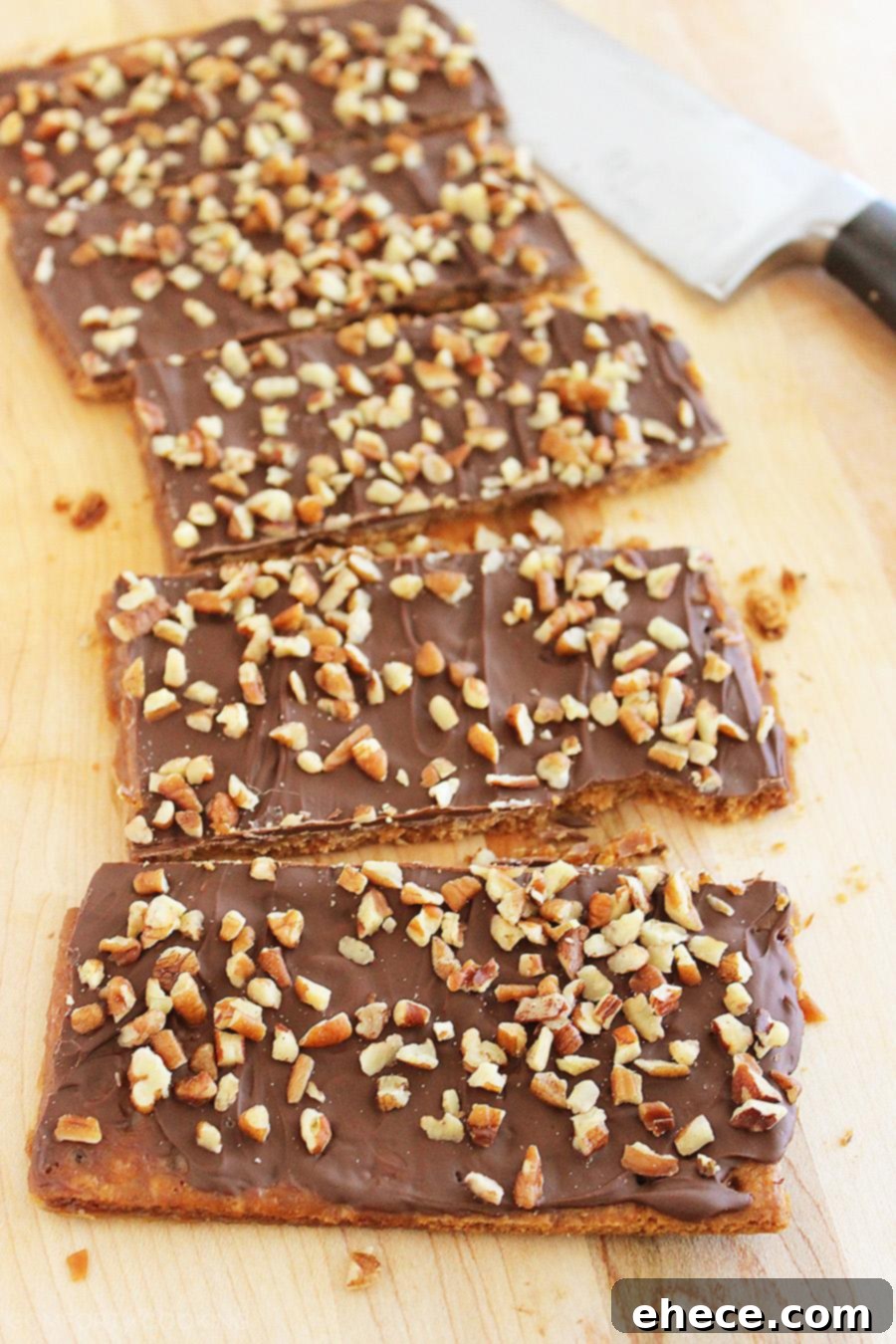 Hand holding a piece of 5-Ingredient Graham Cracker Toffee, showing its crisp texture and chocolate topping. An easy dessert idea.