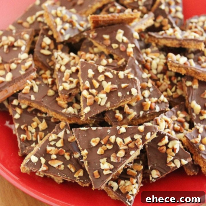 5-Ingredient Graham Cracker Toffee - The ultimate easy homemade sweet treat with butter, brown sugar, chocolate, and pecans over graham crackers.
