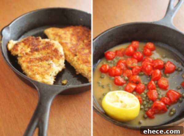 Close-up of crispy chicken scallopini cutlets with sauce.