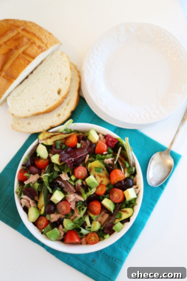 Mediterranean Tuna Salad: Fast, Fresh, Wholesome 5 A bowl of freshly prepared Mediterranean tuna salad, tossed with a light dressing and ready to be enjoyed