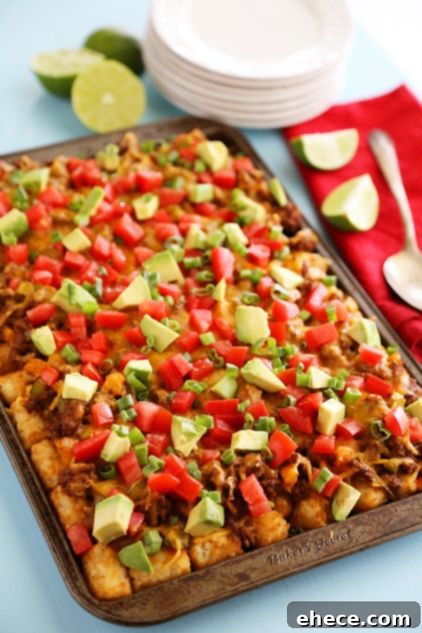 Crispy tater tots loaded with ground beef, melted cheddar cheese, fresh tomatoes, and creamy avocado, perfect for game day or any party. So easy and cheesy!