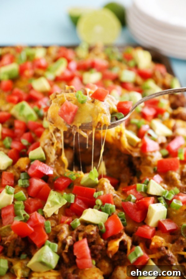 Delicious serving of loaded tater tots on a plate, showcasing all the vibrant ingredients like beef, cheese, tomatoes, and avocado. Irresistible comfort food!