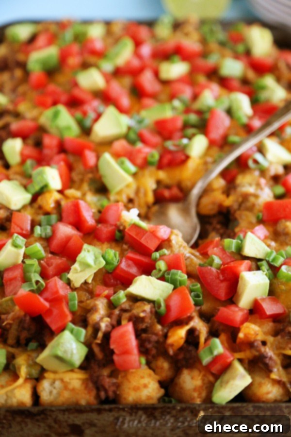 Overhead shot of freshly baked cheesy loaded tater tots, garnished with avocado and green onions. A perfect meal or snack for any occasion.