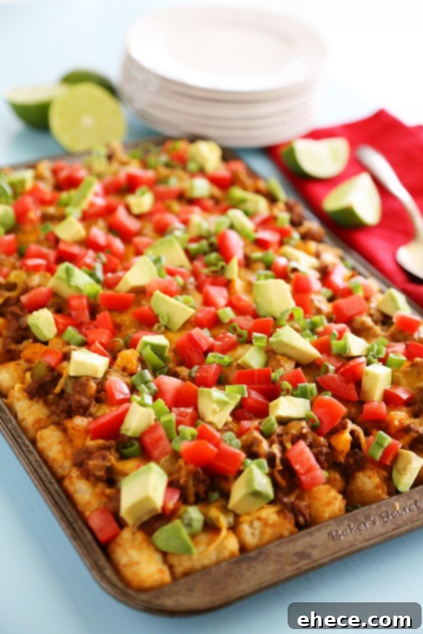 Close-up of a serving of loaded tater tots, emphasizing the rich, melted cheese and fresh, colorful toppings.