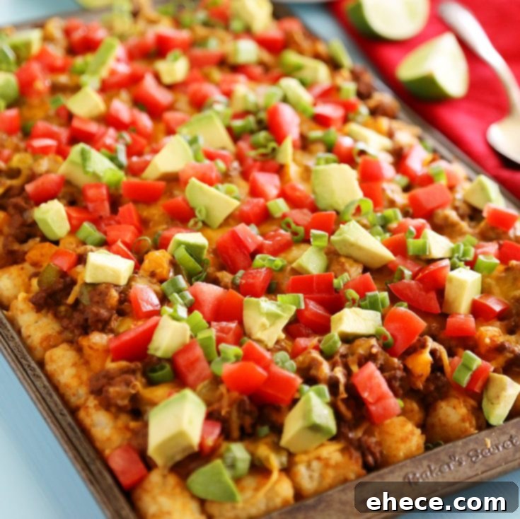 Cheesy Loaded Nacho Tater Tots finished dish for sharing on Pinterest