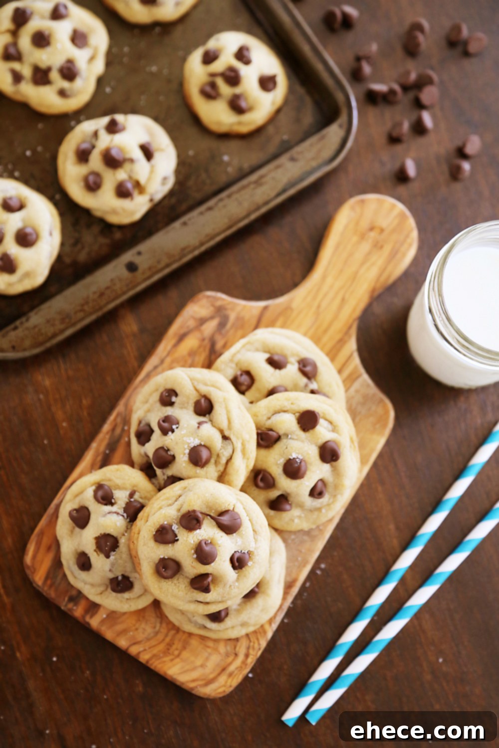 Stack of warm Sea Salt Caramel Chocolate Chip Cookies, highlighting their rich color and inviting texture