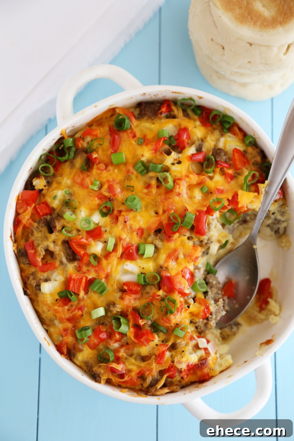 Close-up of English Muffin Sausage, Egg, and Cheese Breakfast Casserole layers