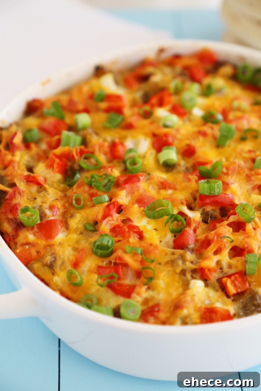 Golden brown English Muffin Breakfast Casserole ready for serving