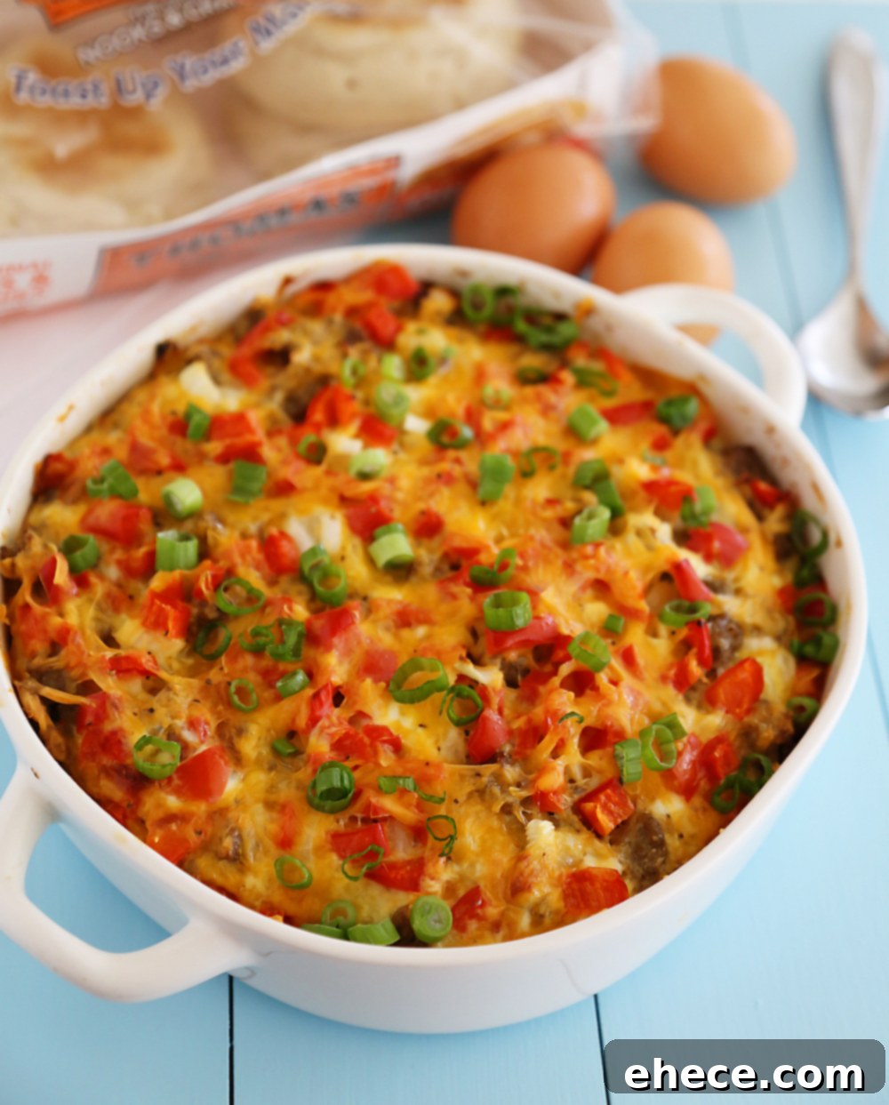 Close-up of freshly baked English Muffin Sausage, Egg and Cheese Breakfast Casserole