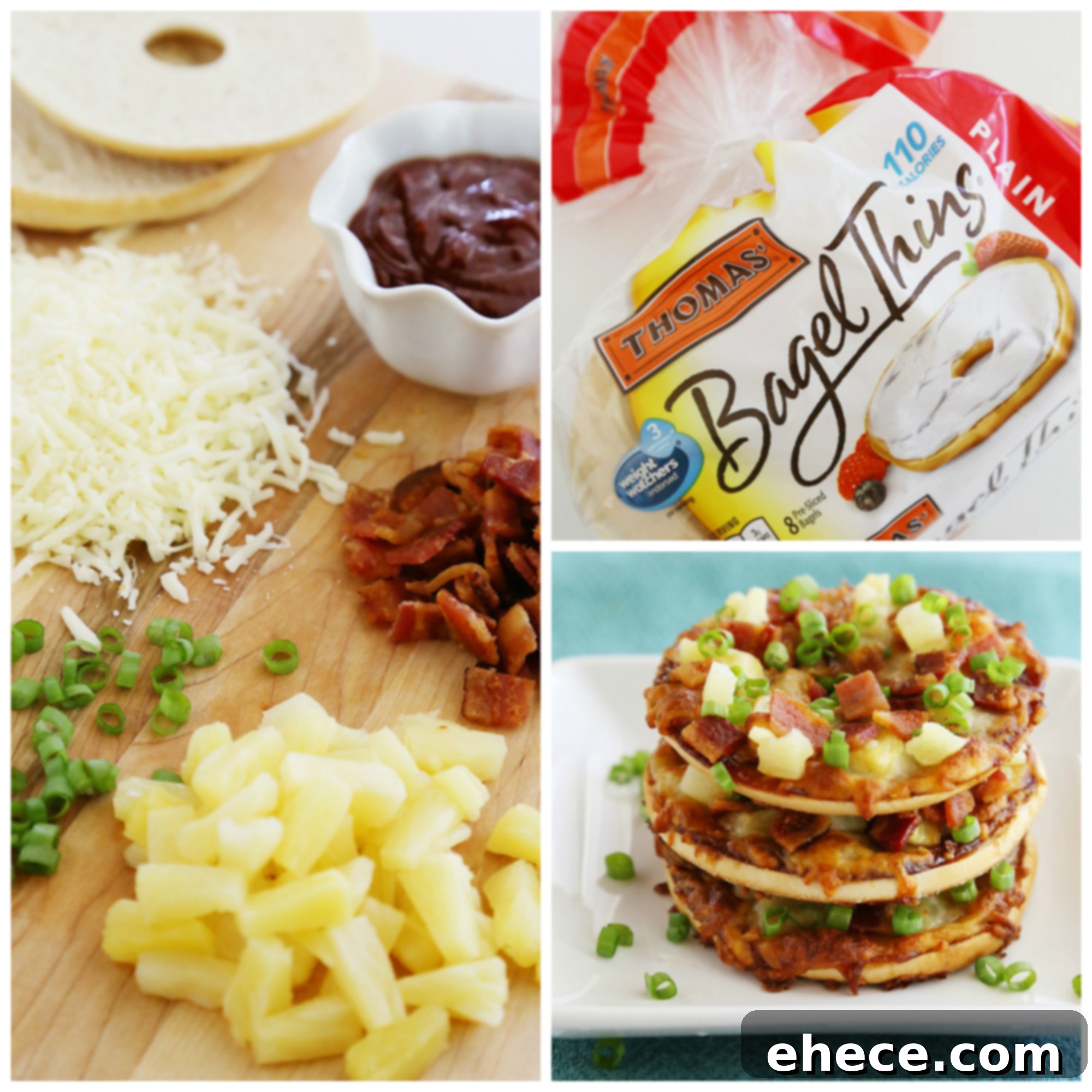 Two BBQ Bacon Hawaiian Bagel Thin Pizzas fresh out of the oven