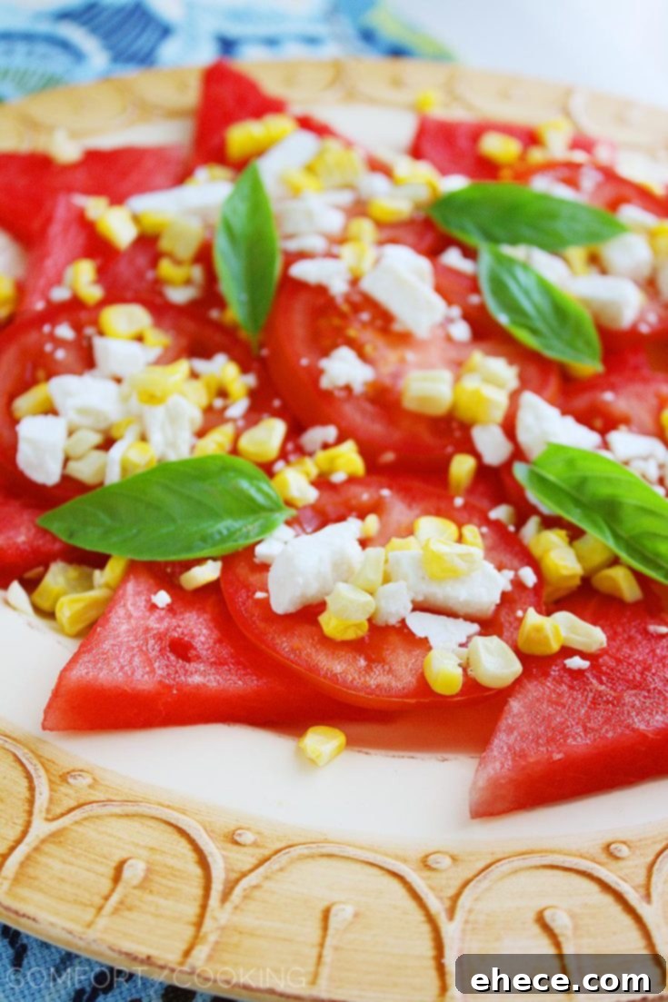 Close-up of Watermelon Basil Salad with Feta and Corn