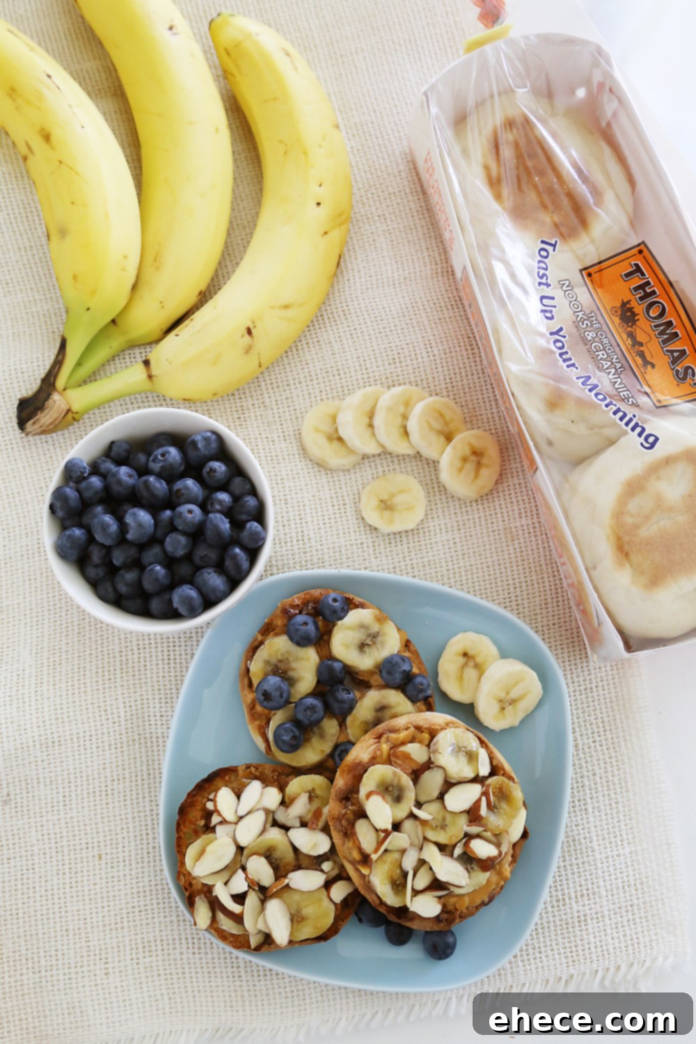 Caramelized Banana Peanut Butter English Muffins 3 Closeup of Brûléed Banana and Peanut Butter English Muffins showcasing the caramelized sugar crust on the bananas.