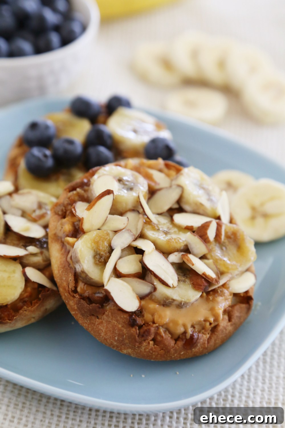 Caramelized Banana Peanut Butter English Muffins 4 Preparing Brûléed Banana and Peanut Butter English Muffins: Bananas sliced and topped with brown sugar before broiling.