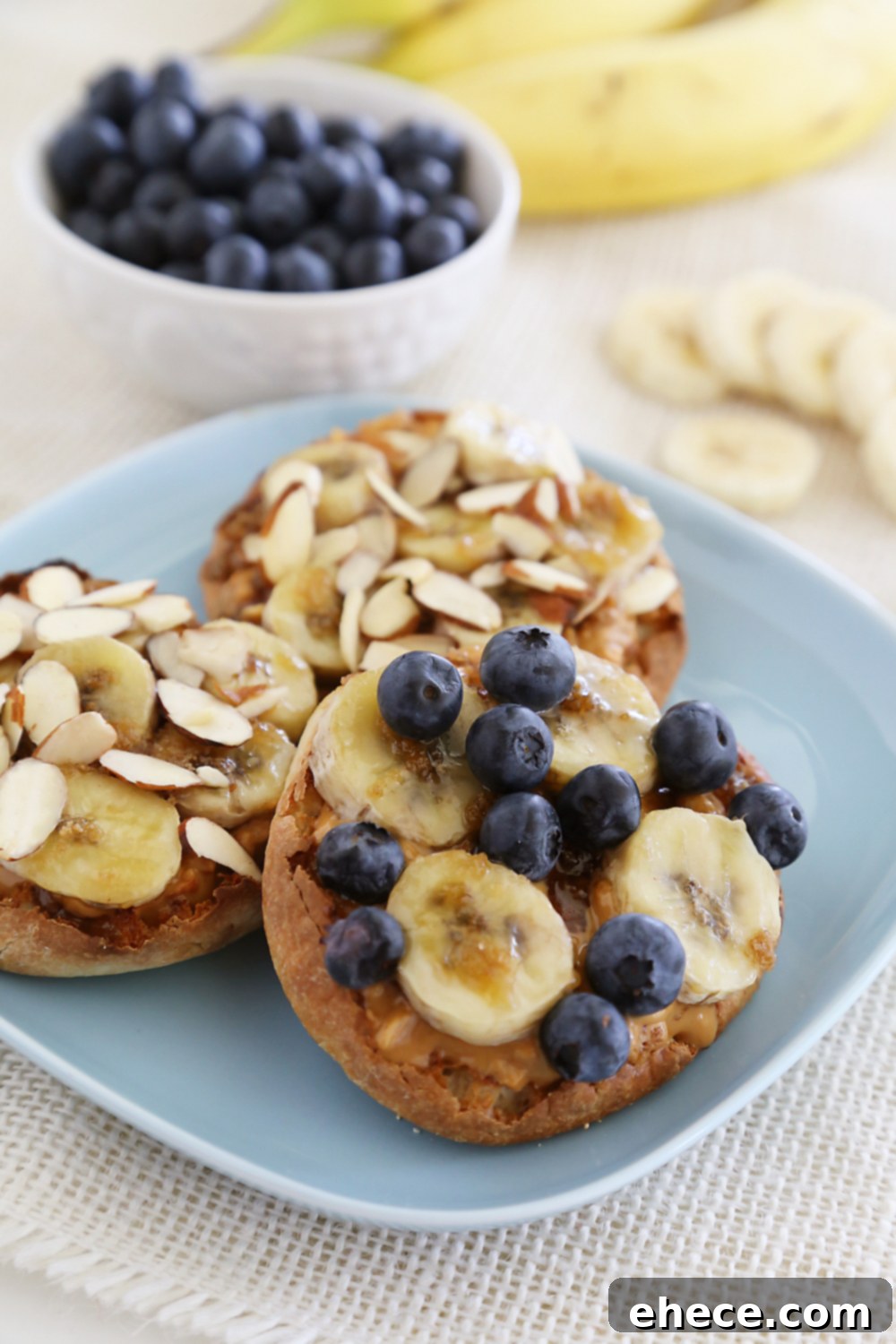 Caramelized Banana Peanut Butter English Muffins 6 Stack of Brûléed Banana and Peanut Butter English Muffins ready to be served for breakfast or brunch.